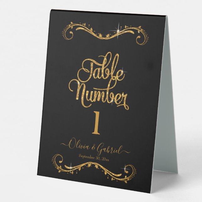 Fancy Script Gold Glitter Black Elegant Wedding  T Table Tent (Back)
