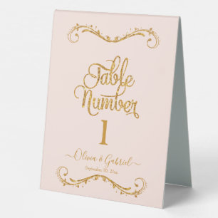 Fancy Script Gold Glitter Blush Pink Wedding Table Tent