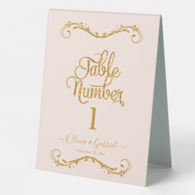 Fancy Script Gold Glitter Blush Pink Wedding Table Tent (Back)