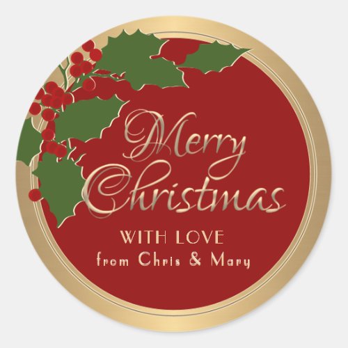 Fancy Script Gold Merry Christmas with Love from   Classic Round Sticker