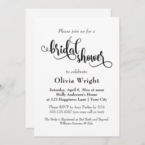 Fancy Script Letters Black  White Bridal Shower Invitation