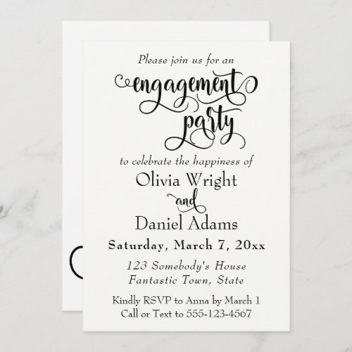 Fancy Script Letters Black White Engagement Party Invitation