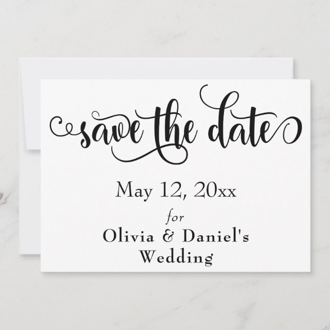 Fancy Script Letters Black & White Save the Date (Front)