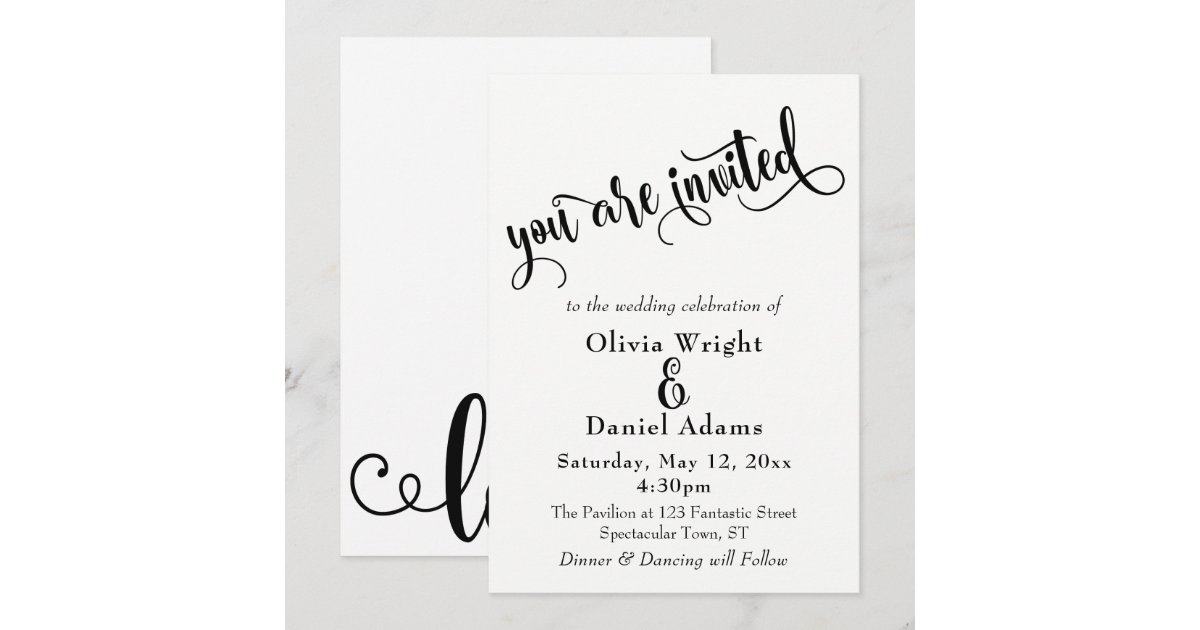 Fancy Script Letters Black & White Wedding Invitation | Zazzle