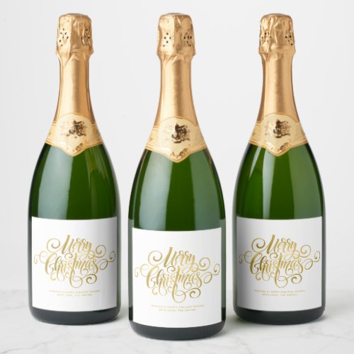 Fancy Script Merry Christmas Personalized Sparkling Wine Label