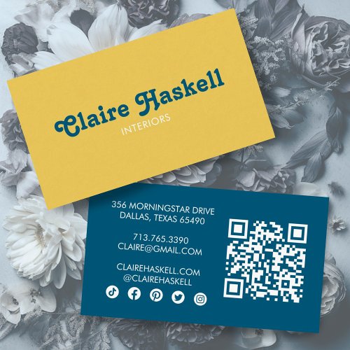 Fancy Script Mustard Yellow Chic Minimal Social QR Business Card