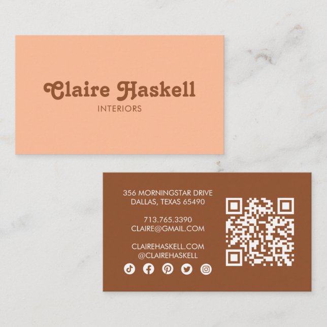 Fancy Script Peach fuzz Chic Minimal Social QR Cod Business Card (Front/Back)