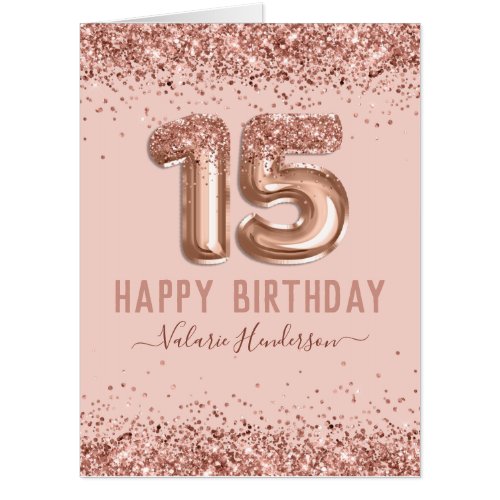 Fancy Script Pink Glitter Happy 15th Birthday Card
