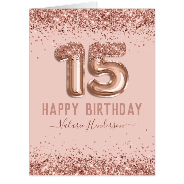 Fancy Script Pink Glitter Happy 15th Birthday Card (Front)