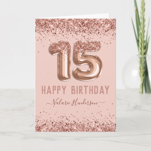 Fancy Script Pink Glitter Happy 15th Birthday Card