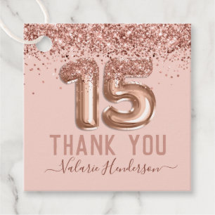 Fancy Script Pink Glitter Happy 15th Birthday Favor Tags
