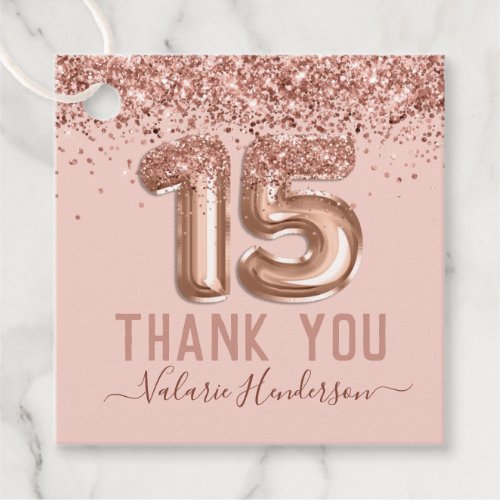 Fancy Script Pink Glitter Happy 15th Birthday Favor Tags