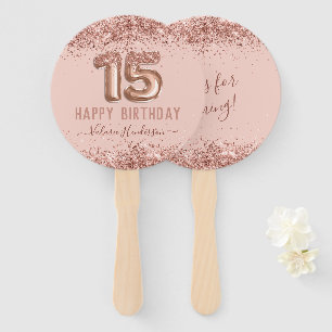 Fancy Script Pink Glitter Happy 15th Birthday Hand Fan