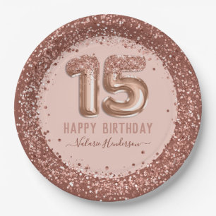 Fancy Script Pink Glitter Happy 15th Birthday Paper Plates