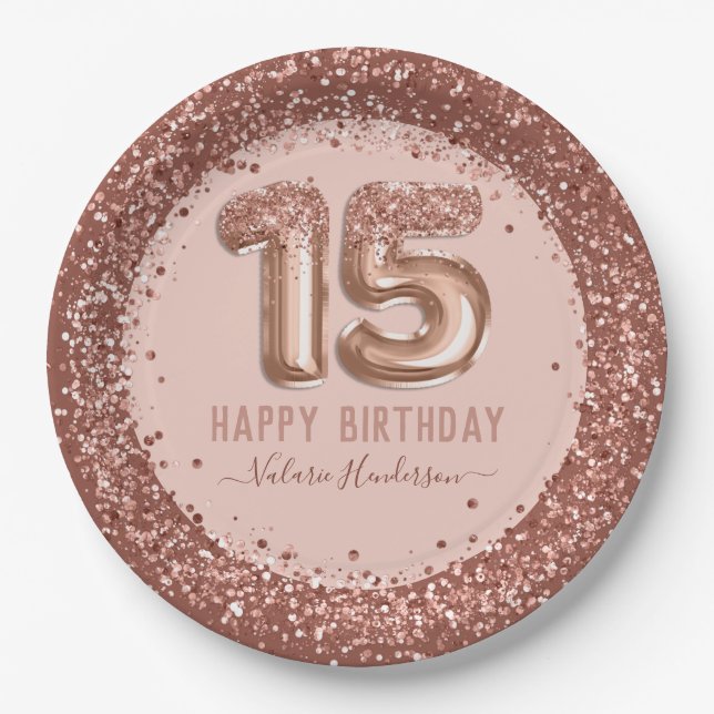 Fancy Script Pink Glitter Happy 15th Birthday Paper Plates (Front)