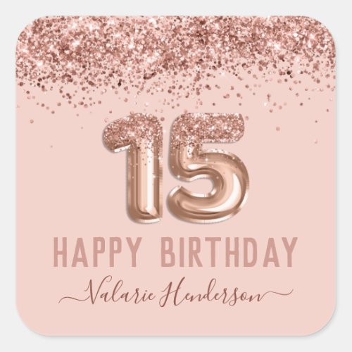 Fancy Script Pink Glitter Happy 15th Birthday  Square Sticker