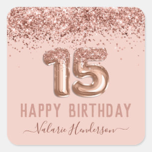 Fancy Script Pink Glitter Happy 15th Birthday Square Sticker
