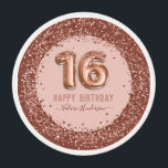 Fancy Script Pink Glitter Happy 16th Birthday Edible Frosting Rounds<br><div class="desc">Girly glitter,  millennial pink background,  with fancy script name typography. Faux rose gold 16 balloon text. Great for sweet 16 celebrations.</div>