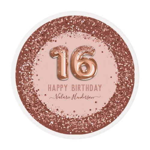 Fancy Script Pink Glitter Happy 16th Birthday Edible Frosting Rounds