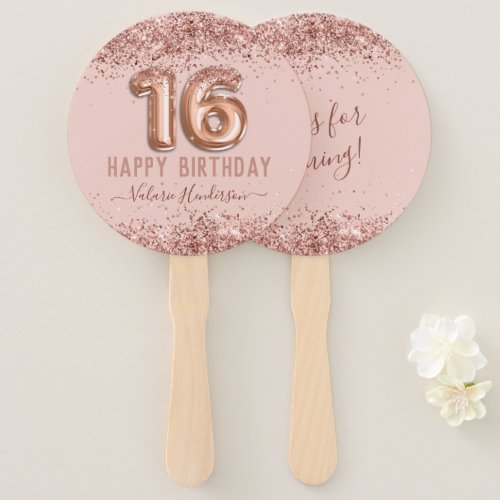 Fancy Script Pink Glitter Happy 16th Birthday Hand Fan