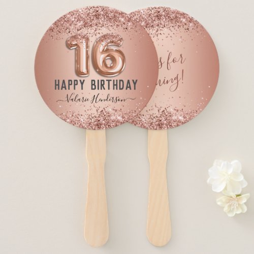 Fancy Script Pink Glitter Happy 16th Birthday Hand Fan