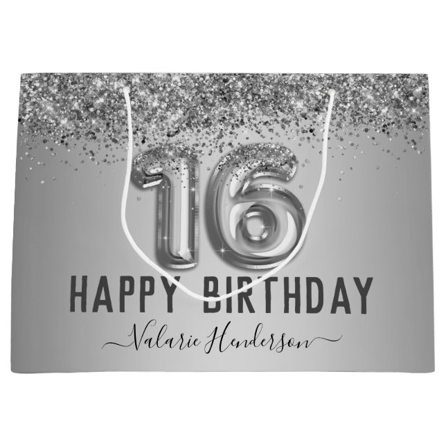 Fancy Script Pink Glitter Happy 16th Birthday Large Gift Bag (Front)