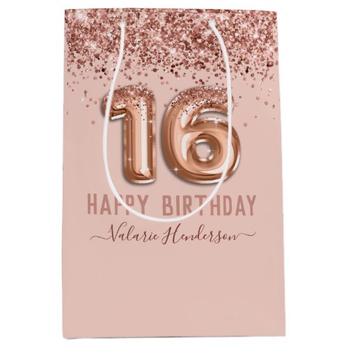 Fancy Script Pink Glitter Happy 16th Birthday Medium Gift Bag