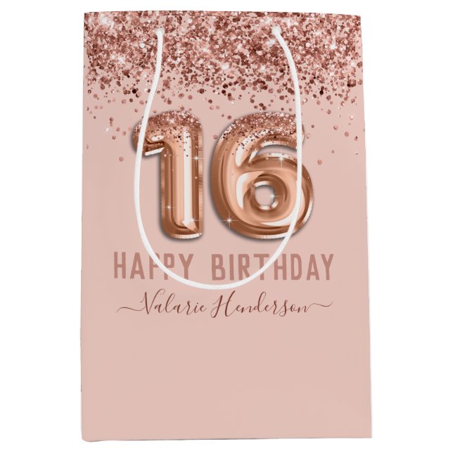 Fancy Script Pink Glitter Happy 16th Birthday Medium Gift Bag (Front)
