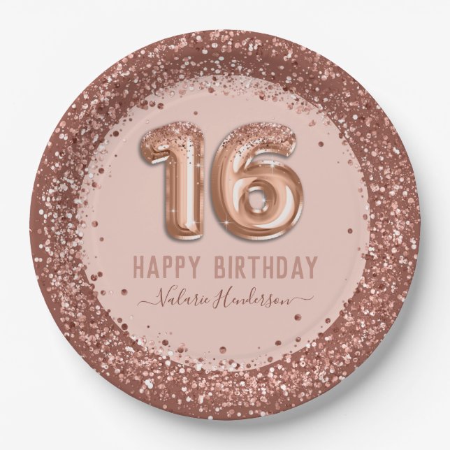 Fancy Script Pink Glitter Happy 16th Birthday Paper Plates (Front)