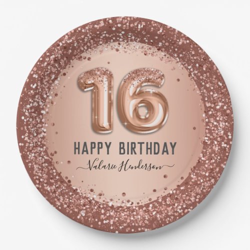 Fancy Script Pink Glitter Happy 16th Birthday Paper Plates