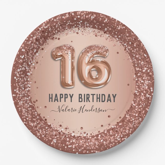 Fancy Script Pink Glitter Happy 16th Birthday Paper Plates (Front)