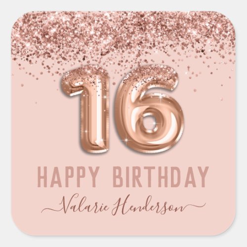 Fancy Script Pink Glitter Happy 16th Birthday Square Sticker