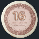 Fancy Script Pink Glitter Happy 16th Birthday Sugar Cookie<br><div class="desc">Girly glitter,  millennial pink background,  with fancy script name typography. Faux rose gold 16 balloon text. Great for sweet 16 celebrations.</div>