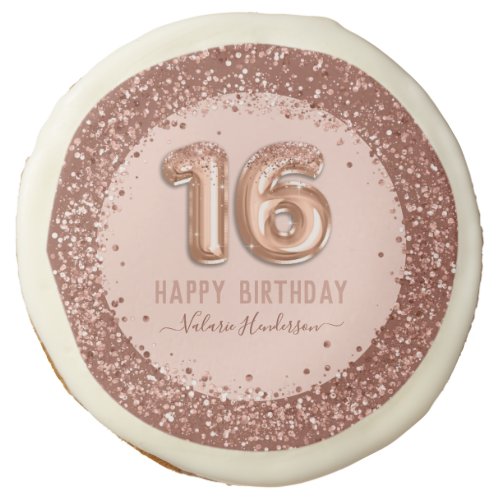 Fancy Script Pink Glitter Happy 16th Birthday Sugar Cookie