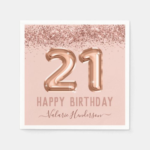 Fancy Script Pink Glitter Happy 21st Birthday Napkins