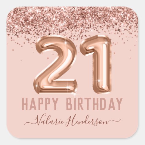 Fancy Script Pink Glitter Happy 21st Birthday Square Sticker