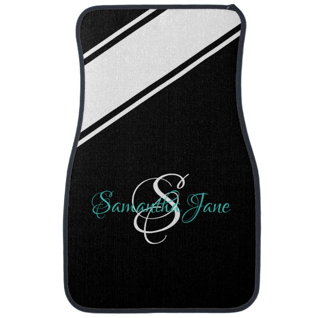 Fancy Script Race Stripe Girls Monogram Black Car Floor Mat (Front)