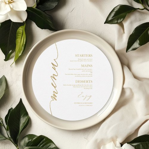 Fancy Script Round Wedding Menu Card For Plate