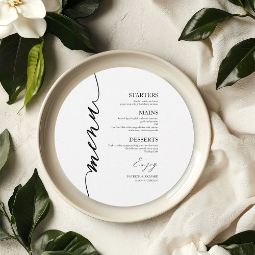 Fancy Script Round Wedding Menu Card For Plate