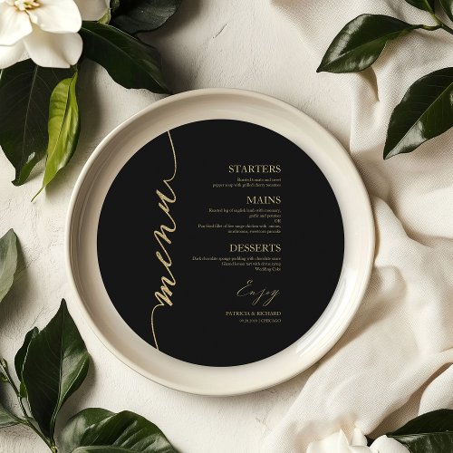 Fancy Script Round Wedding Menu Card For Plate