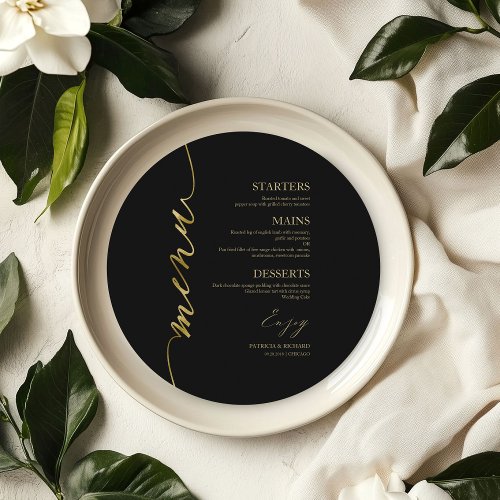 Fancy Script Round Wedding Menu Card For Plate