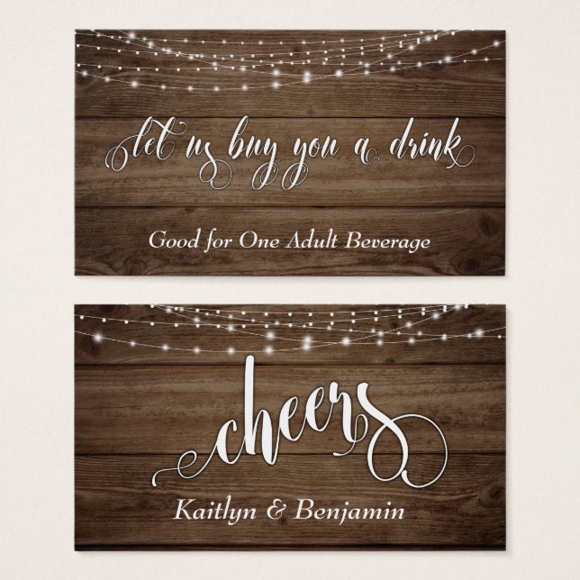 Fancy Script, Rustic Wood & Lights Drink Tickets 2 (Front & Back)
