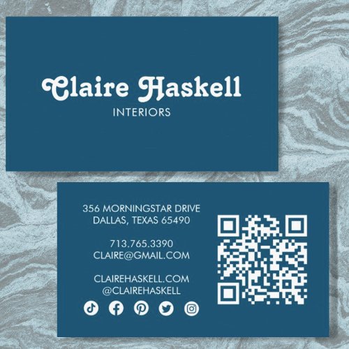 Fancy Script Teal Blue Chic Minimal Social Icon QR Business Card