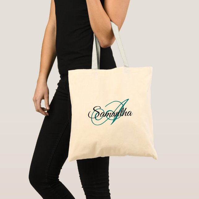 Fancy Script Teal Blue Personalized Monogram Tote Bag (Front (Product))