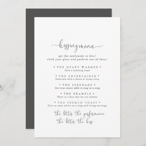 Fancy Script Wedding Kissing Menu Game Card