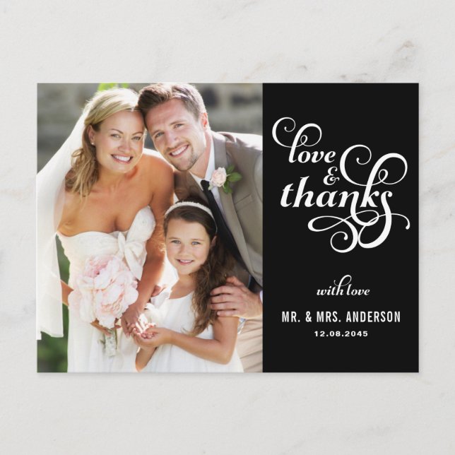 Fancy Script Wedding Thank You Postcard | Black (Front)