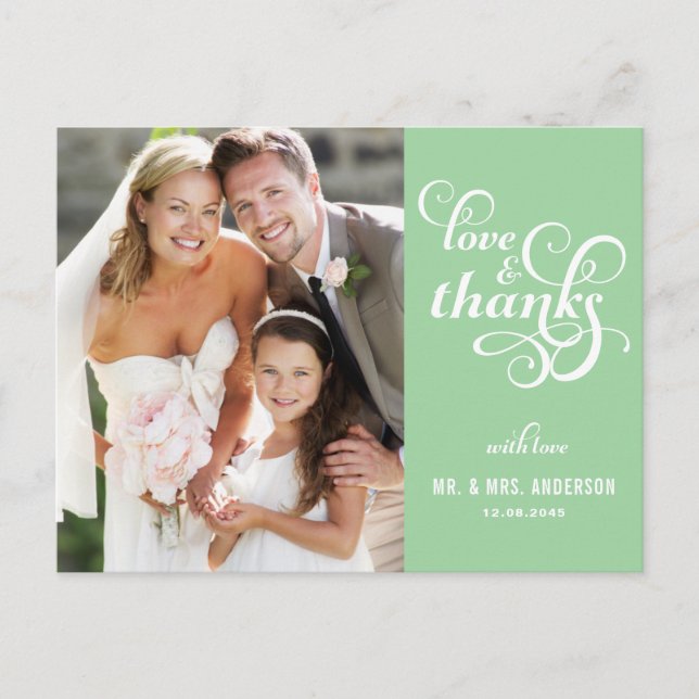 Fancy Script Wedding Thank You Postcard | Mint (Front)