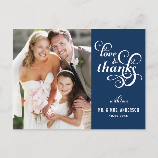 Fancy Script Wedding Thank You Postcard | Navy (Front)