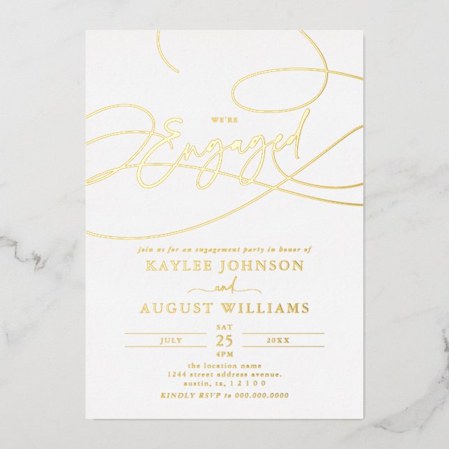Fancy Script We're "Engaged" Engagement Party  Foil Invitation (Front)