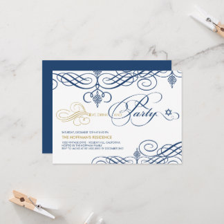 Fancy Scrolls Eat Drink & Party Hanukkah Holiday Invitation